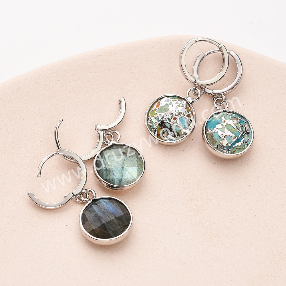 Silver Circle Round Natural Stone Faceted Earrings, Labradorite Gemstone Jewelry Earring ZS0529-1