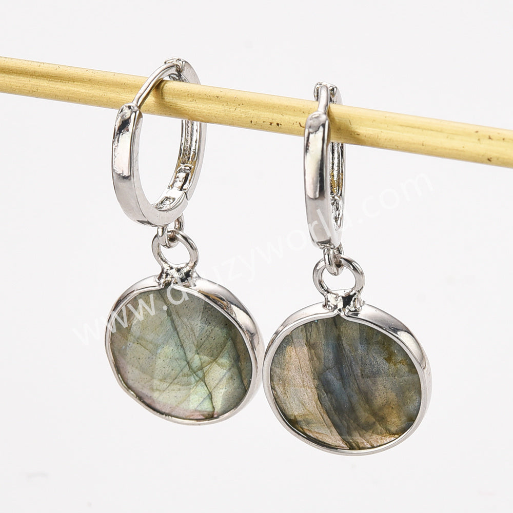 Silver Circle Round Natural Stone Faceted Earrings, Labradorite Gemstone Jewelry Earring ZS0529-1