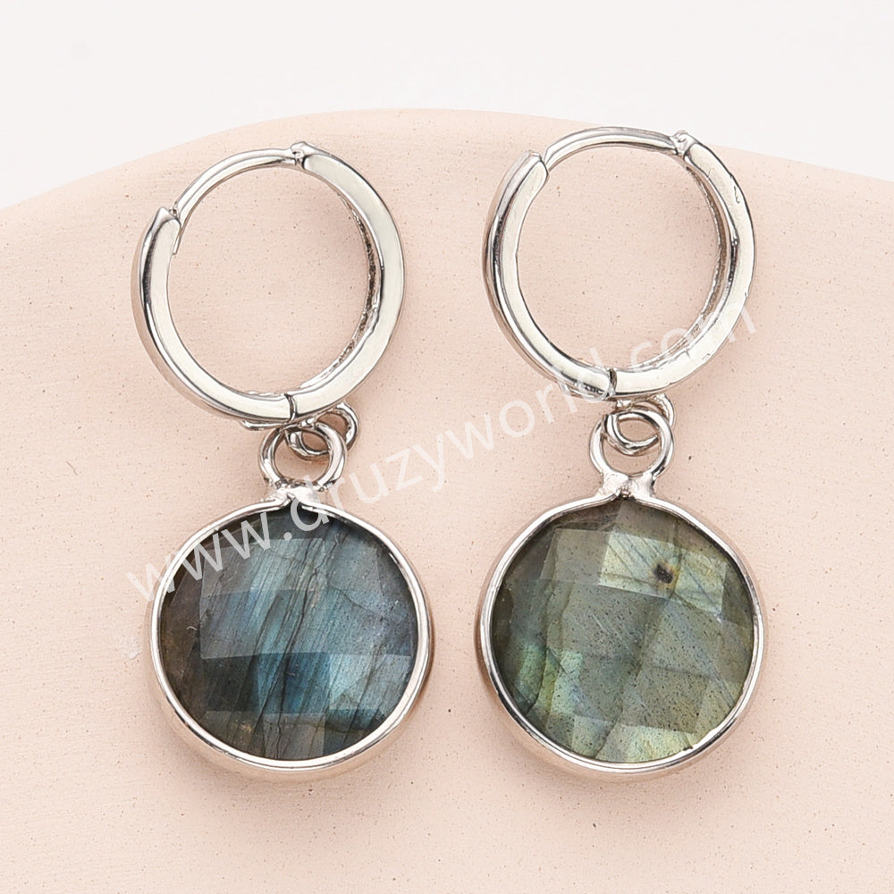 Silver Circle Round Natural Stone Faceted Earrings, Labradorite Gemstone Jewelry Earring ZS0529-1