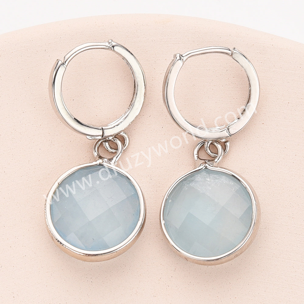 Silver Circle Round Natural Stone Faceted Earrings, Labradorite Gemstone Jewelry Earring ZS0529-1