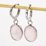 Silver Oval Natural Stones Faceted Drop Earrings, Rose Quartz Moonstone Crystals Jewelry Earring ZS0529-10