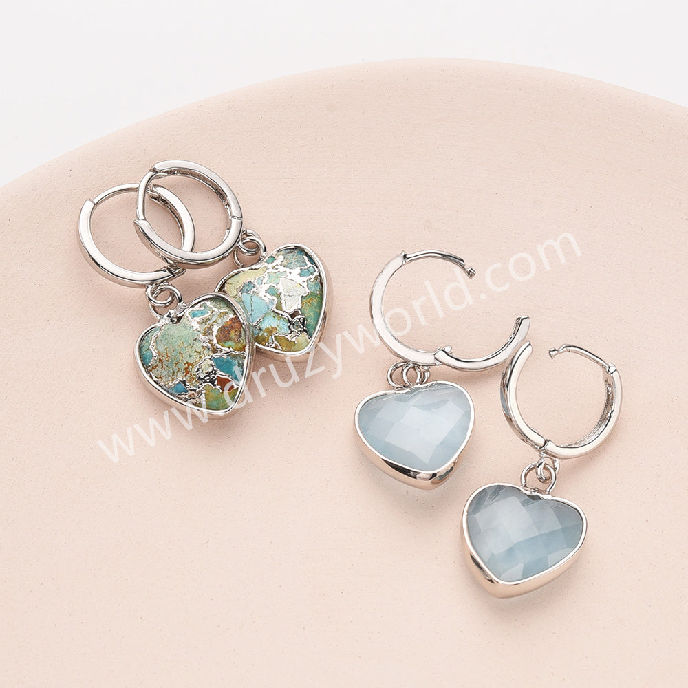 Silver Heart Natural Stone Faceted Earrings, Labradorite Rose Quartz Gemstone Heart Jewelry Earring ZS0529-2