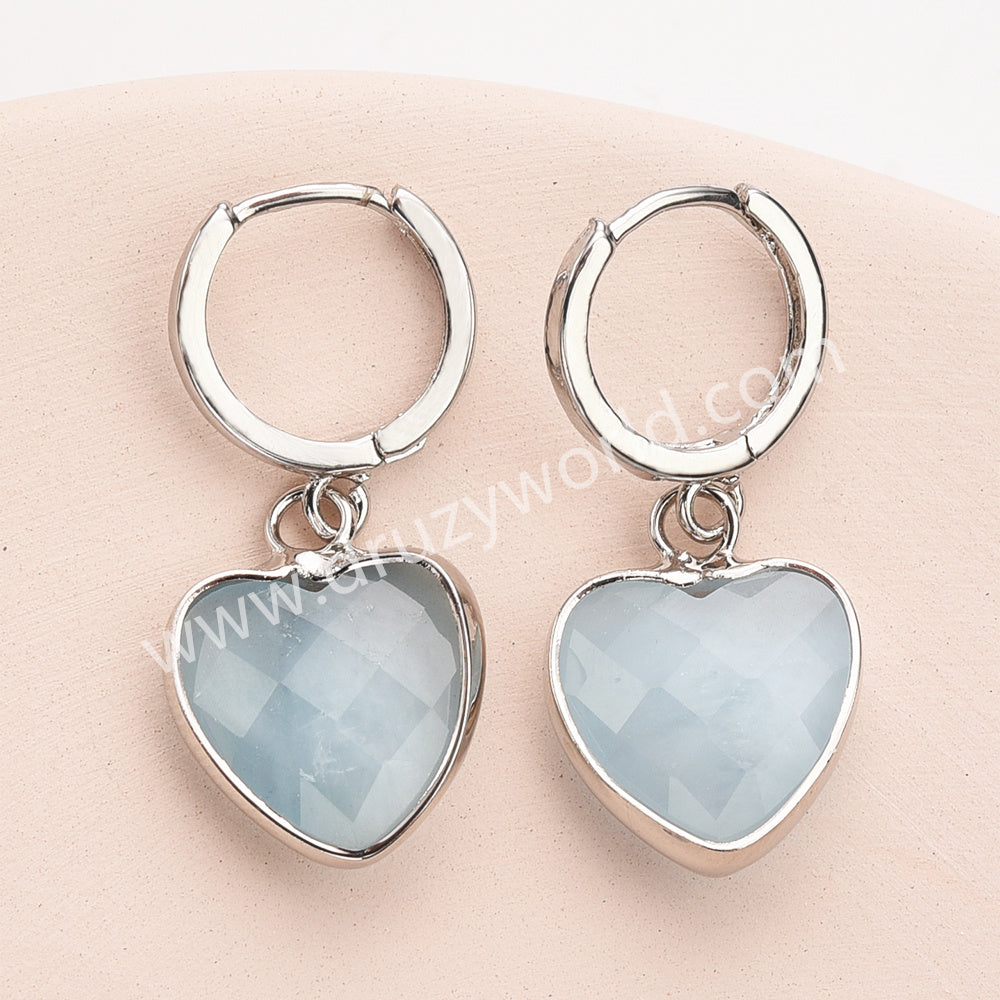 Silver Heart Natural Stone Faceted Earrings, Labradorite Rose Quartz Gemstone Heart Jewelry Earring ZS0529-2