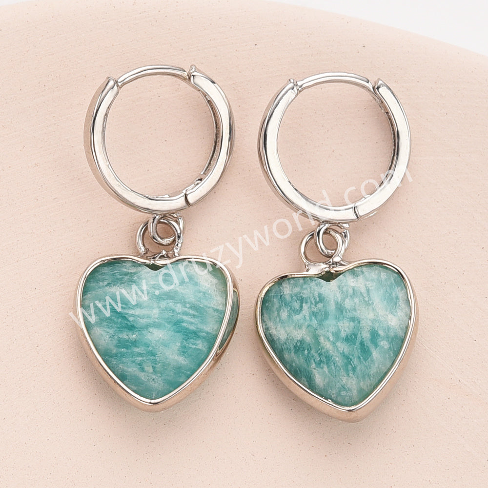 Silver Heart Natural Stone Faceted Earrings, Labradorite Rose Quartz Gemstone Heart Jewelry Earring ZS0529-2