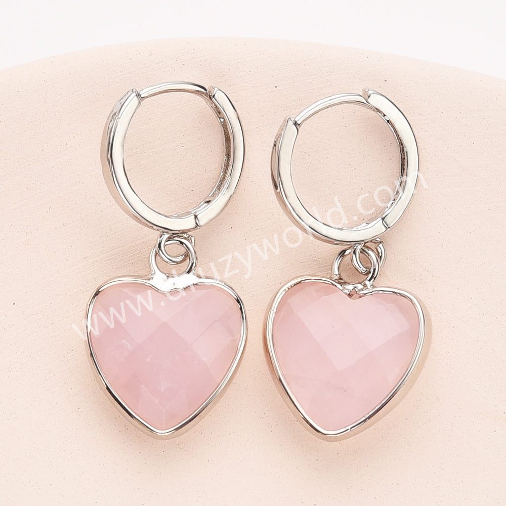 Silver Heart Natural Stone Faceted Earrings, Labradorite Rose Quartz Gemstone Heart Jewelry Earring ZS0529-2