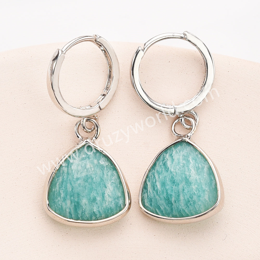 Silver Triangle Multi Gemstone Faceted Earrings, Amazonite Rose Quartz Crystals Jewelry Earring ZS0529-3