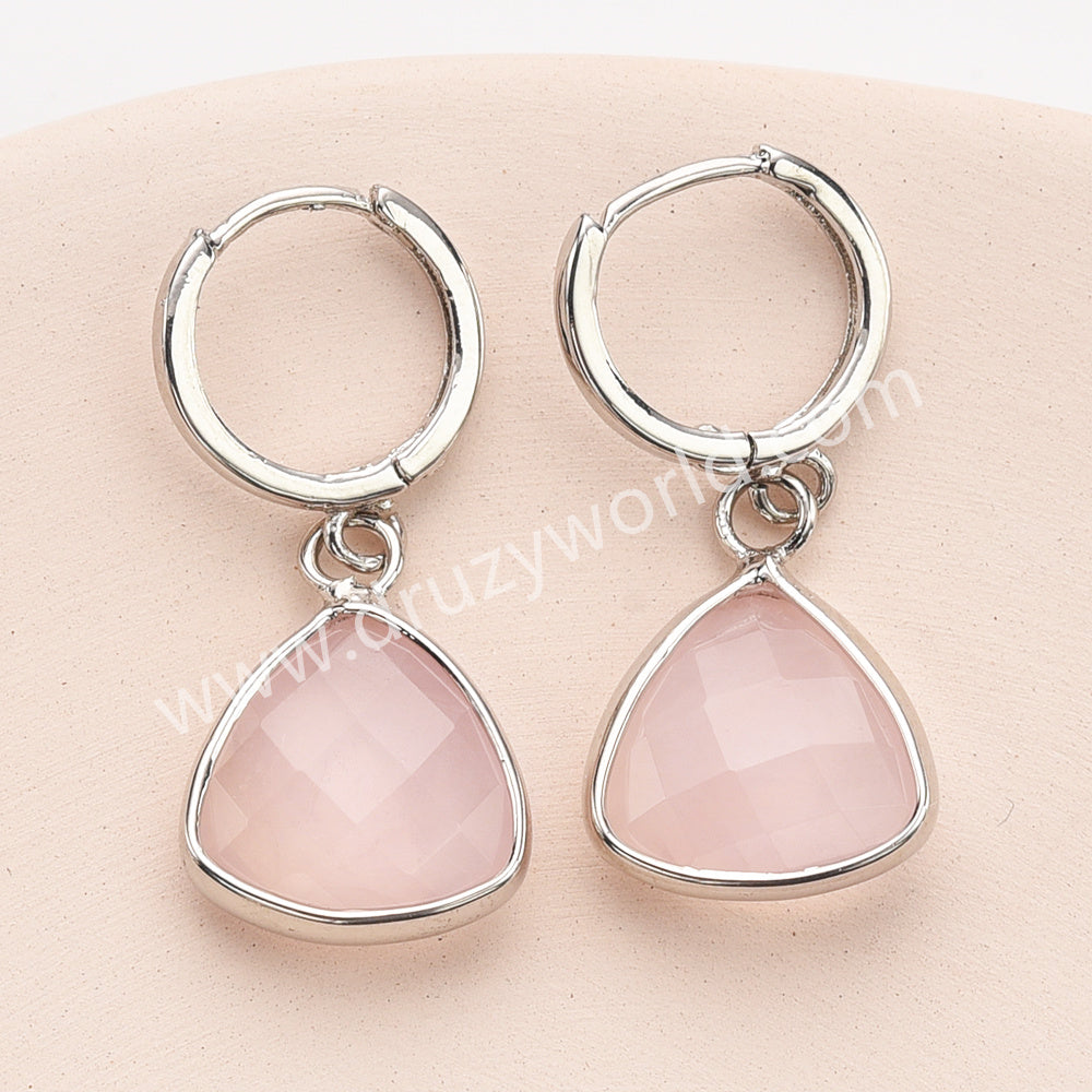 Silver Triangle Multi Gemstone Faceted Earrings, Amazonite Rose Quartz Crystals Jewelry Earring ZS0529-3