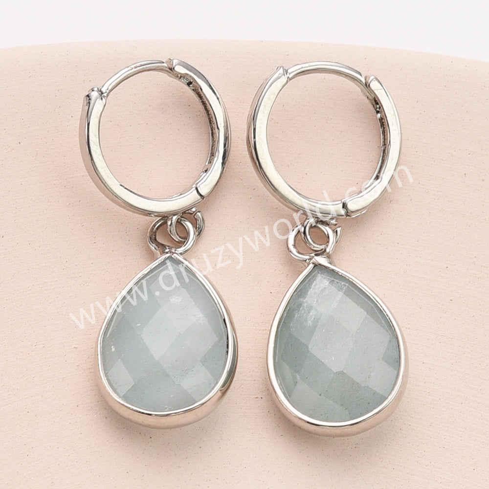 Silver Teardrop Birthstone Faceted Earrings, Aquamarine Moonstone Crystals Jewelry Earring ZS0529-4