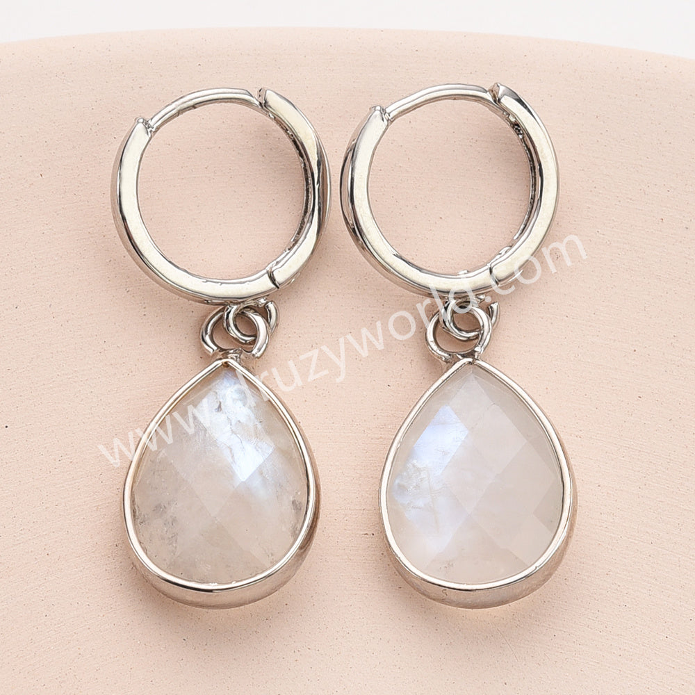 Silver Teardrop Birthstone Faceted Earrings, Aquamarine Moonstone Crystals Jewelry Earring ZS0529-4