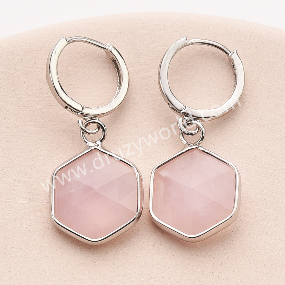 Silver Hexagon Natural Crystals Stones Faceted Earrings, Rose Quartz Aquamarine Gemstone Jewelry Earring ZS0529-6