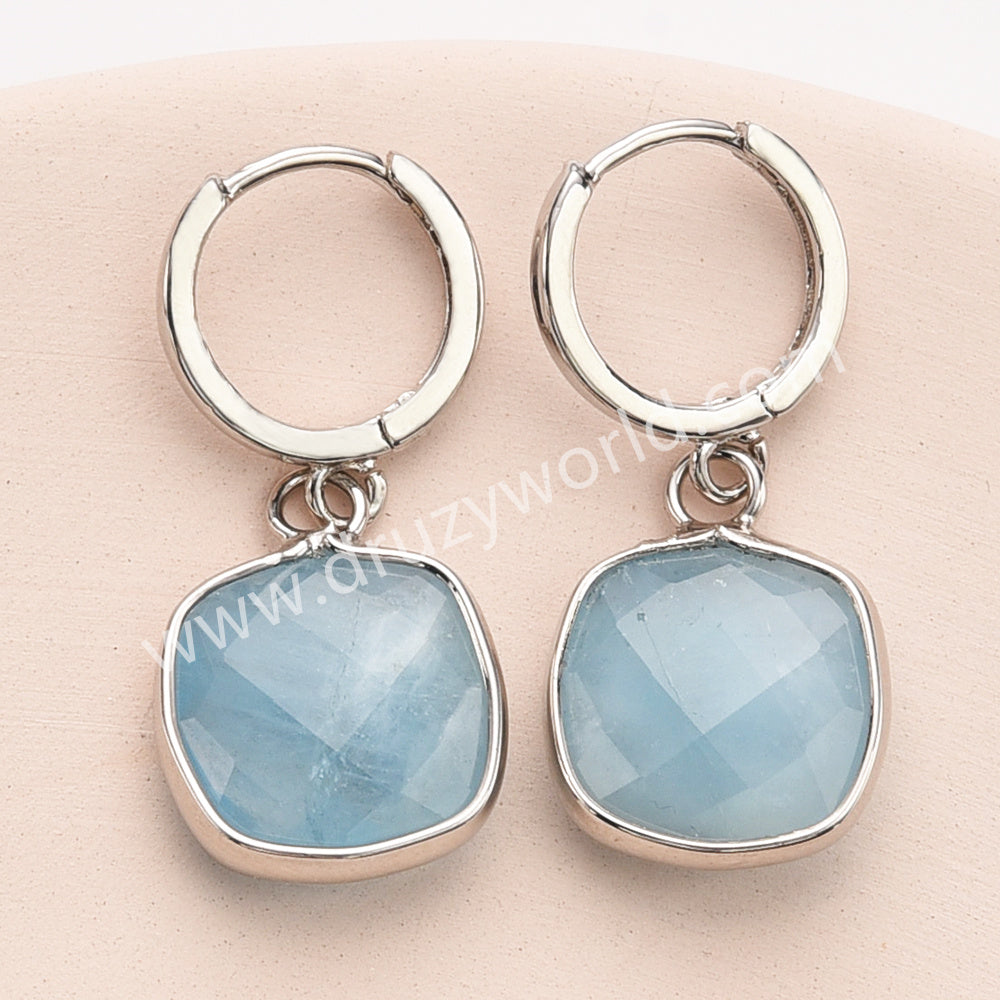 Silver Square Natural Gemstone Faceted Earrings, Labradorite Aquamarine Crystals Jewelry Earring ZS0529-7