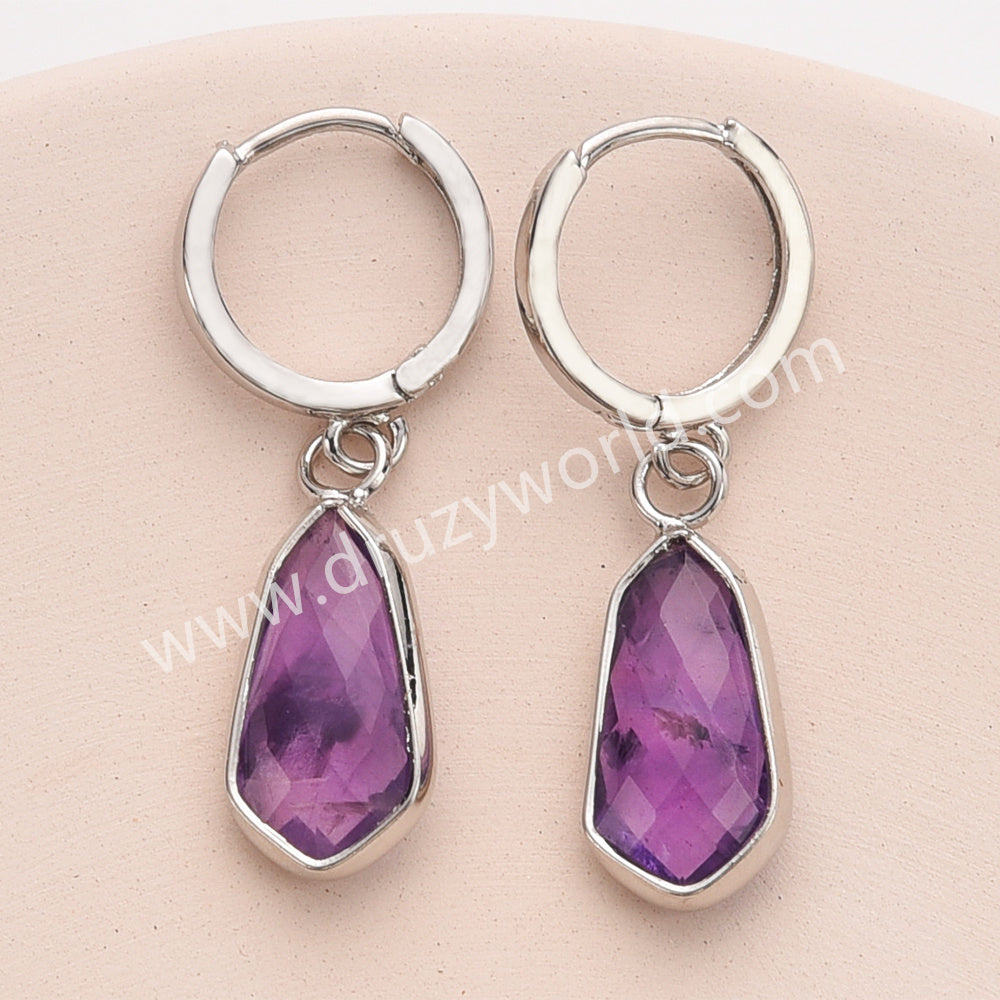 Silver Small Hexagon Gemstone Faceted Drop Earrings, Amethyst Labradorite Crystal Jewelry Earring ZS0529-9