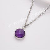 18" Silver Circle Round Natural Stone Faceted Necklace, Gemstone Jewelry Necklace ZS0530-1