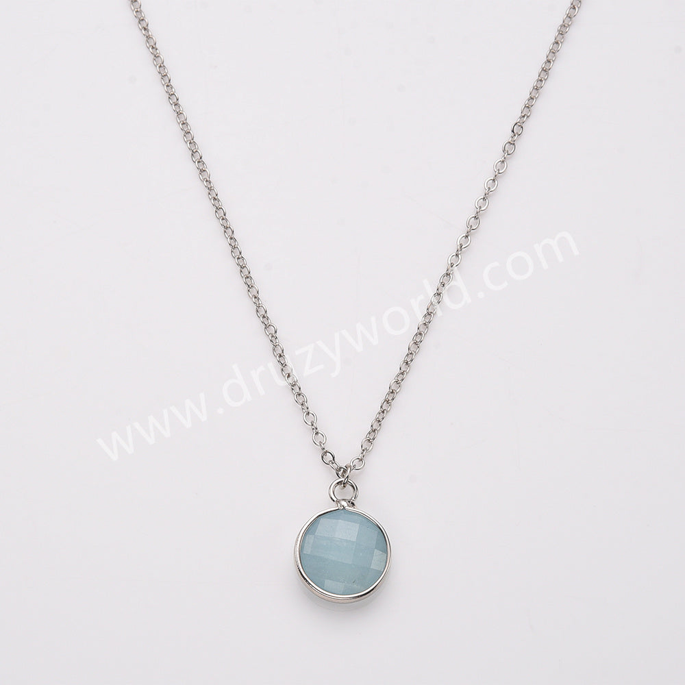 18" Silver Circle Round Natural Stone Faceted Necklace, Gemstone Jewelry Necklace ZS0530-1