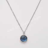 18" Silver Circle Round Natural Stone Faceted Necklace, Gemstone Jewelry Necklace ZS0530-1