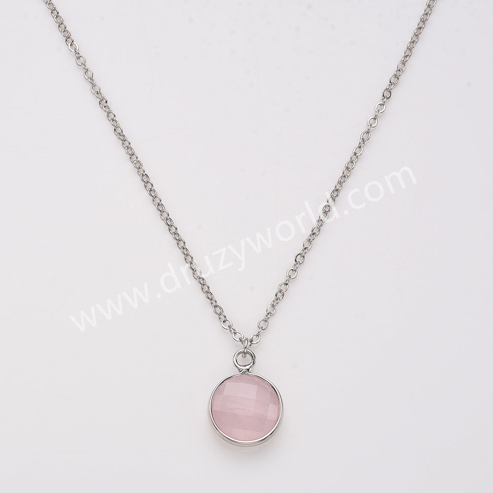 18" Silver Circle Round Natural Stone Faceted Necklace, Gemstone Jewelry Necklace ZS0530-1