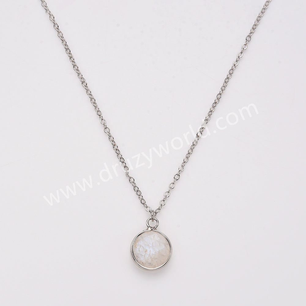 18" Silver Circle Round Natural Stone Faceted Necklace, Gemstone Jewelry Necklace ZS0530-1