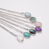 18" Silver Oval Rainbow Natural Stone Faceted Pendant Necklace,  Boho Gemstone Jewelry Necklace ZS0530-10