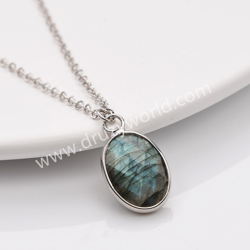 18" Silver Oval Rainbow Natural Stone Faceted Pendant Necklace,  Boho Gemstone Jewelry Necklace ZS0530-10