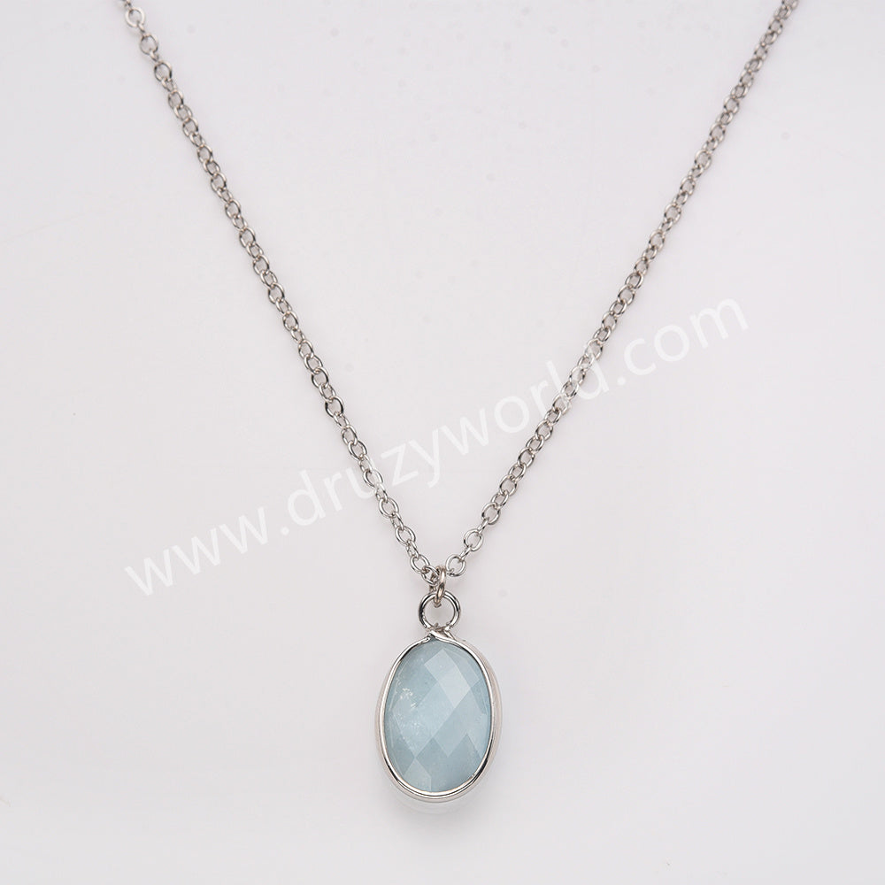 18" Silver Oval Rainbow Natural Stone Faceted Pendant Necklace,  Boho Gemstone Jewelry Necklace ZS0530-10