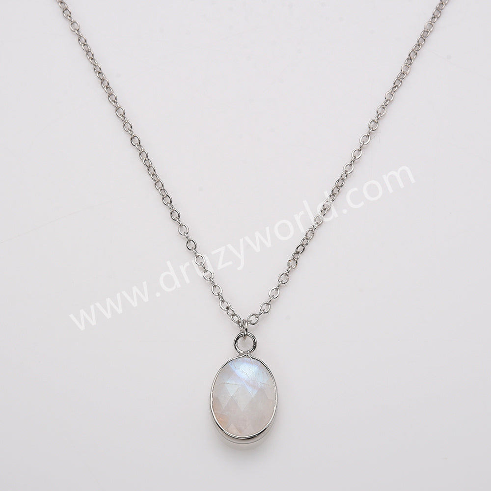 18" Silver Oval Rainbow Natural Stone Faceted Pendant Necklace,  Boho Gemstone Jewelry Necklace ZS0530-10