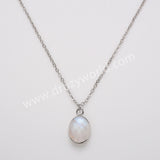 18" Silver Oval Rainbow Natural Stone Faceted Pendant Necklace,  Boho Gemstone Jewelry Necklace ZS0530-10