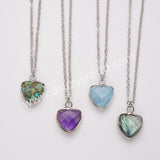 18" Silver Rainbow Heart Gemstone Faceted Pendant Necklace, Healing Crystal Stone Jewelry Necklace ZS0530-2