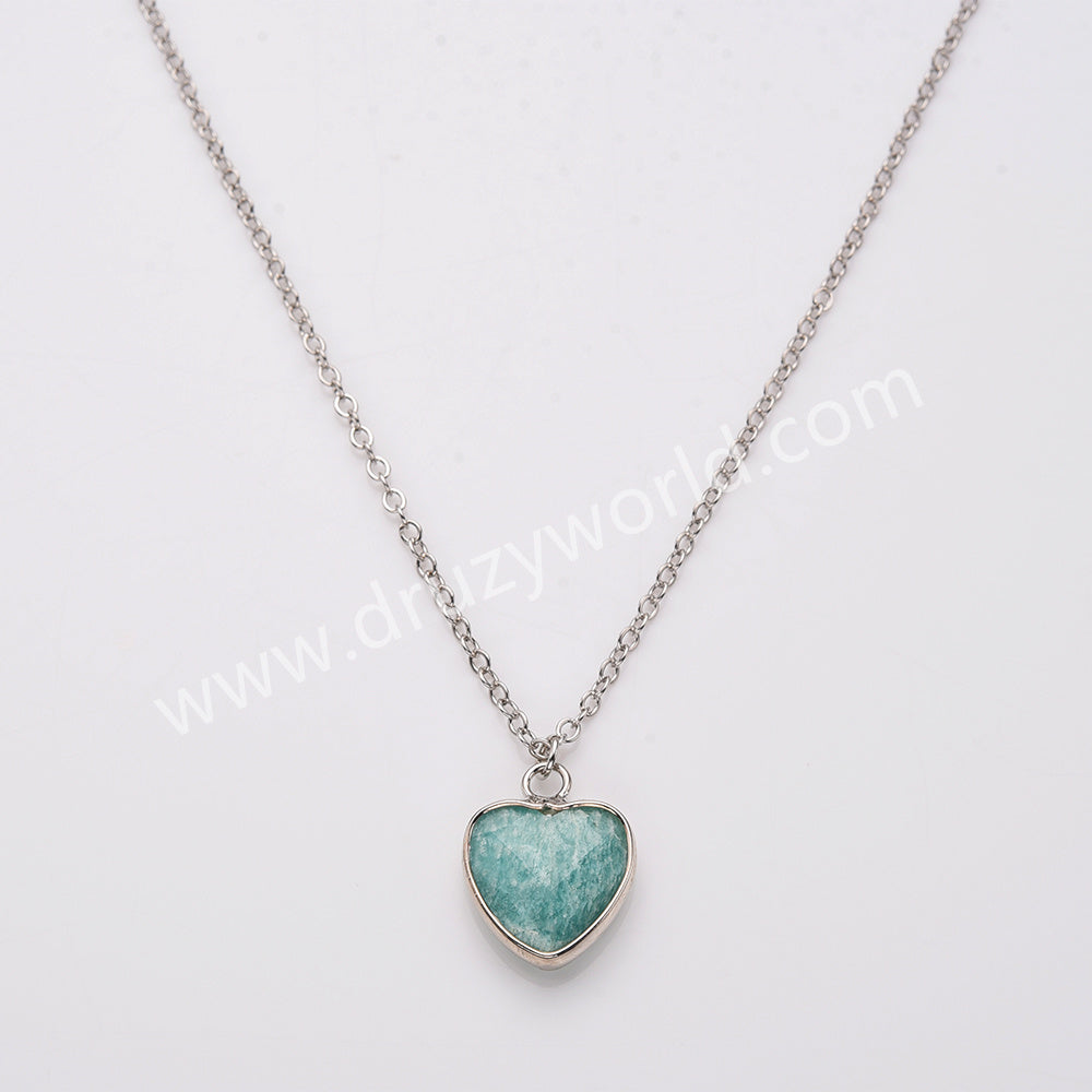 18" Silver Rainbow Heart Gemstone Faceted Pendant Necklace, Healing Crystal Stone Jewelry Necklace ZS0530-2