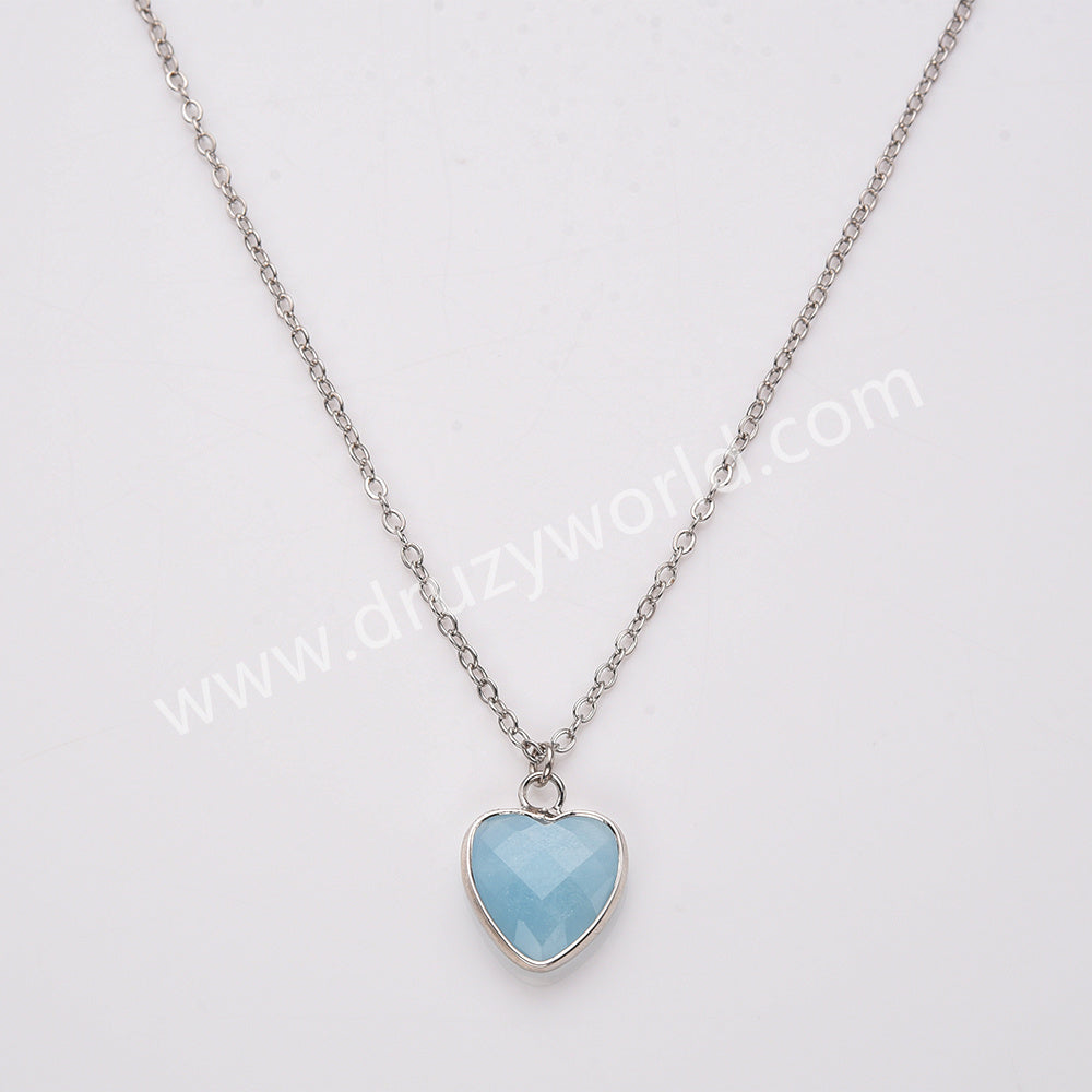 18" Silver Rainbow Heart Gemstone Faceted Pendant Necklace, Healing Crystal Stone Jewelry Necklace ZS0530-2