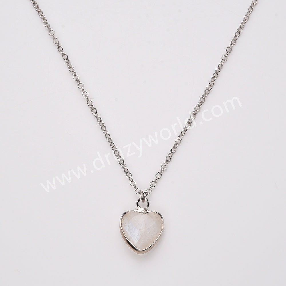 18" Silver Rainbow Heart Gemstone Faceted Pendant Necklace, Healing Crystal Stone Jewelry Necklace ZS0530-2