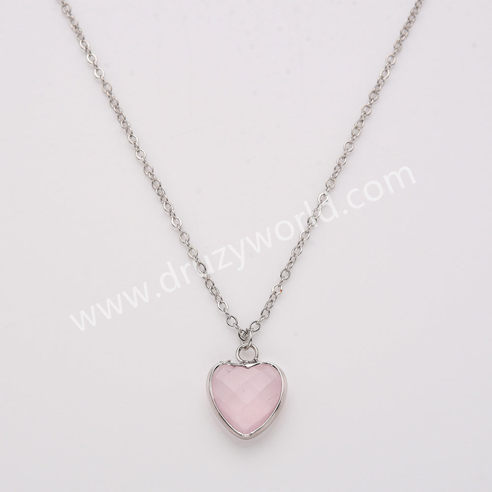 18" Silver Rainbow Heart Gemstone Faceted Pendant Necklace, Healing Crystal Stone Jewelry Necklace ZS0530-2