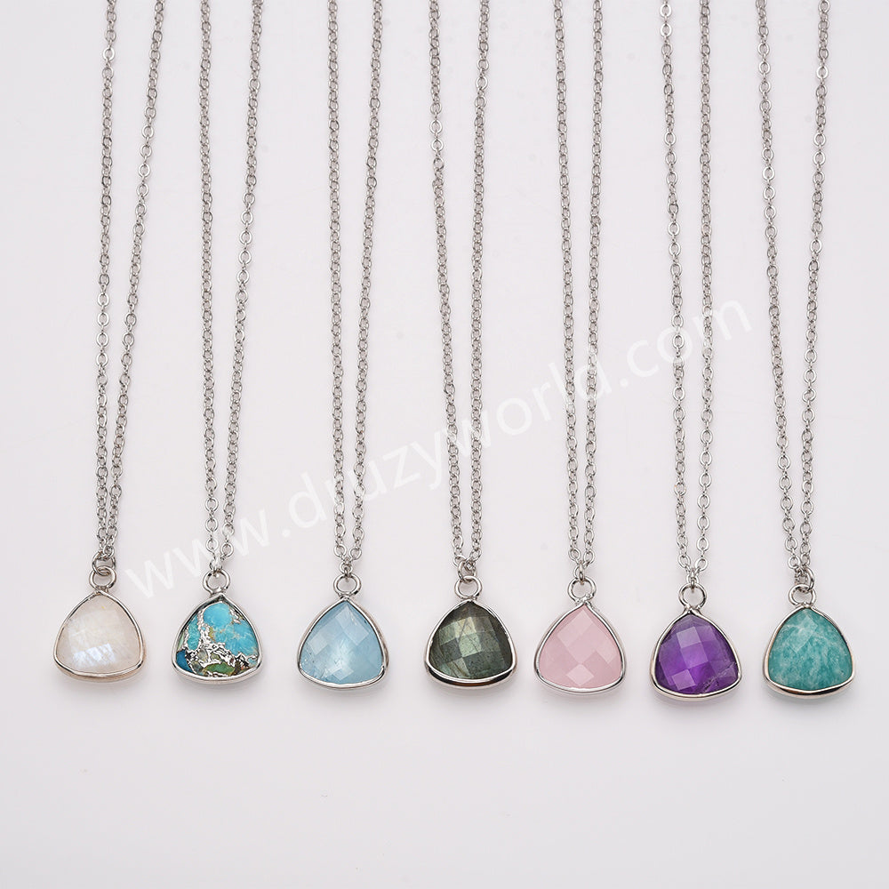 18" Silver Colorful Triangle Natural Gemstone Faceted Pendant Necklace, Healing Crystal Stone Jewelry Necklace ZS0530-3