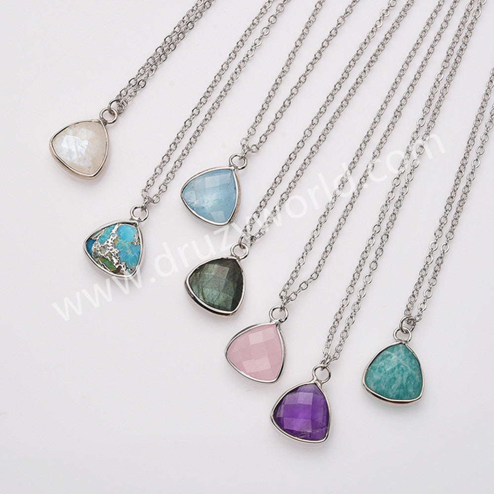 18" Silver Colorful Triangle Natural Gemstone Faceted Pendant Necklace, Healing Crystal Stone Jewelry Necklace ZS0530-3