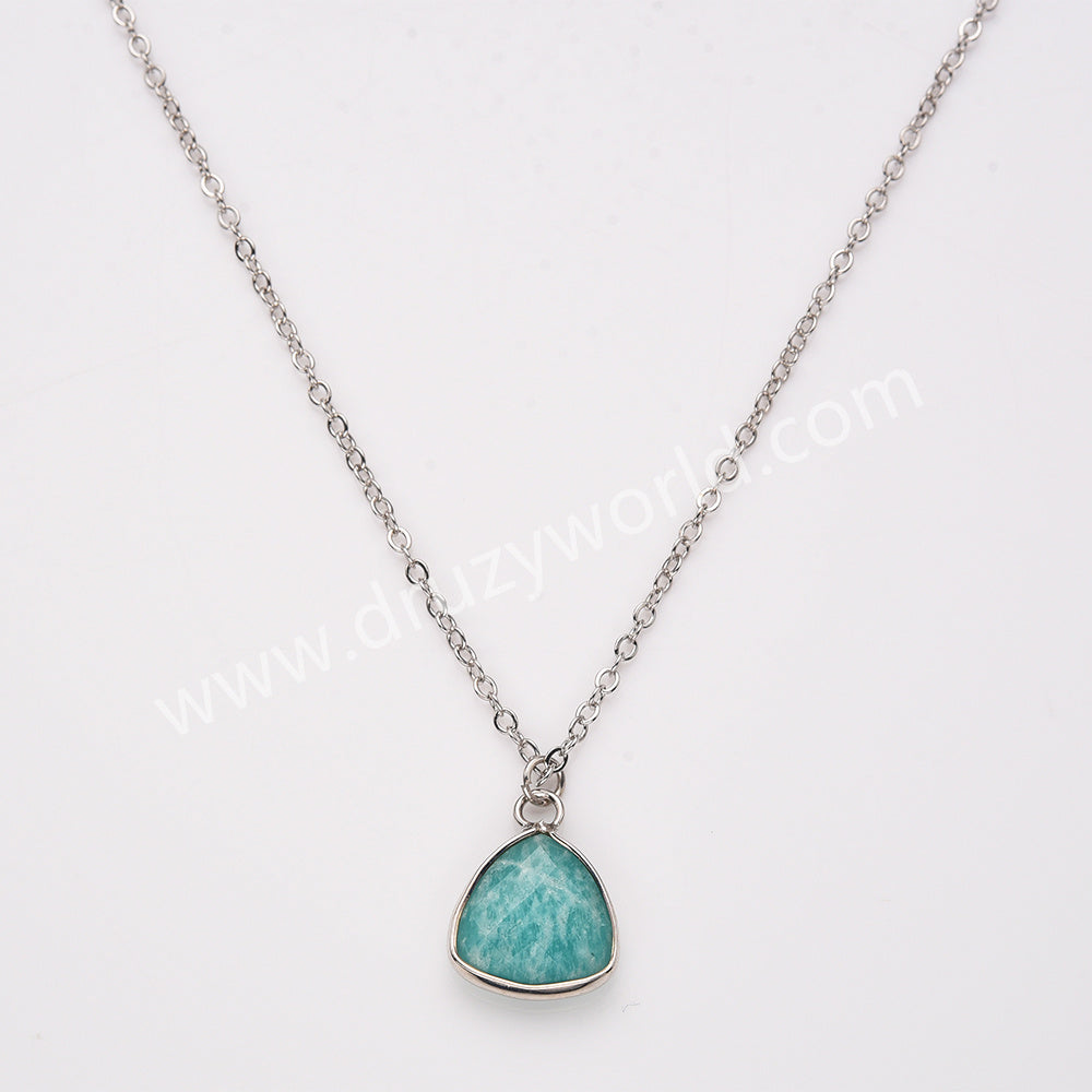 18" Silver Colorful Triangle Natural Gemstone Faceted Pendant Necklace, Healing Crystal Stone Jewelry Necklace ZS0530-3