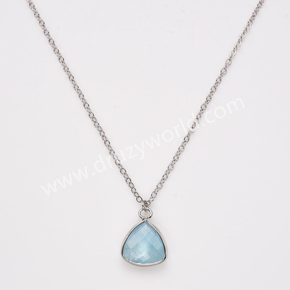 18" Silver Colorful Triangle Natural Gemstone Faceted Pendant Necklace, Healing Crystal Stone Jewelry Necklace ZS0530-3