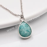 18" Silver Pear Gemstone Faceted Pendant Necklace, Colorful Crystasl Stone Birthstone Drop Necklace ZS0530-4