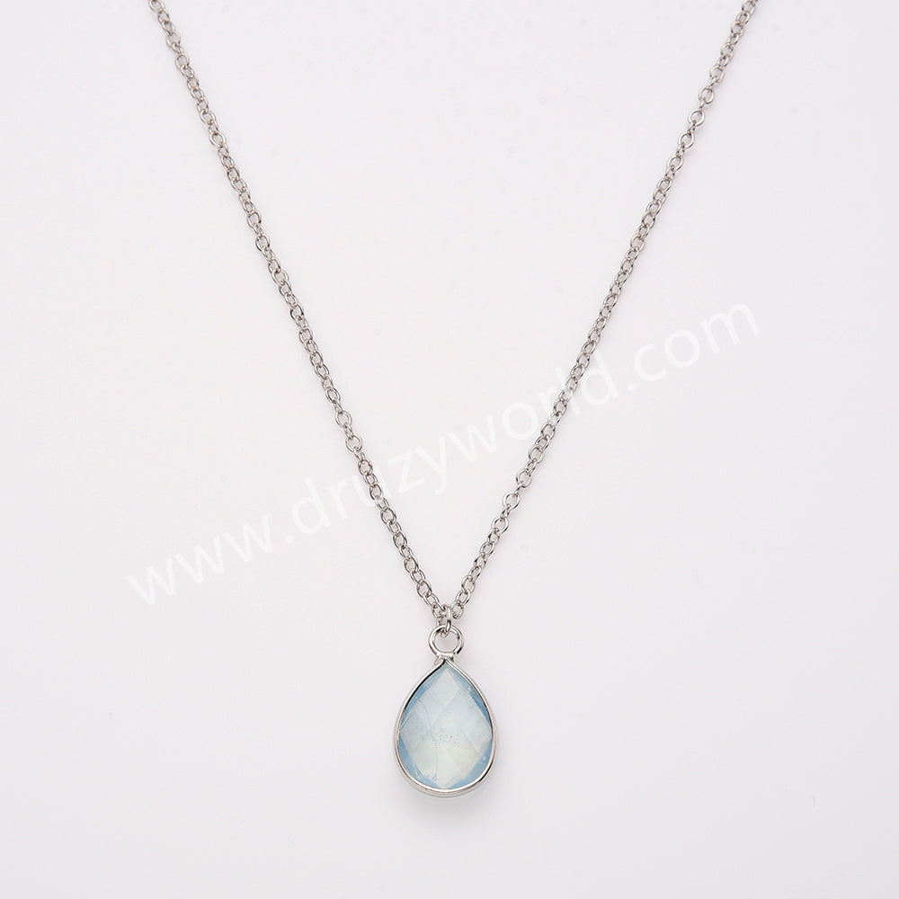 18" Silver Pear Gemstone Faceted Pendant Necklace, Colorful Crystasl Stone Birthstone Drop Necklace ZS0530-4