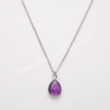 18" Silver Pear Gemstone Faceted Pendant Necklace, Colorful Crystasl Stone Birthstone Drop Necklace ZS0530-4