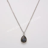 18" Silver Pear Gemstone Faceted Pendant Necklace, Colorful Crystasl Stone Birthstone Drop Necklace ZS0530-4