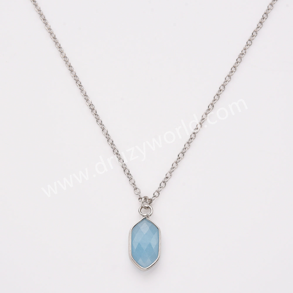 18" Long Hexagon Faceted Silver Birthstone Pendant Necklace, Copper Turquoise Moonstone Gemstone Jewelry Necklace ZS0530-5