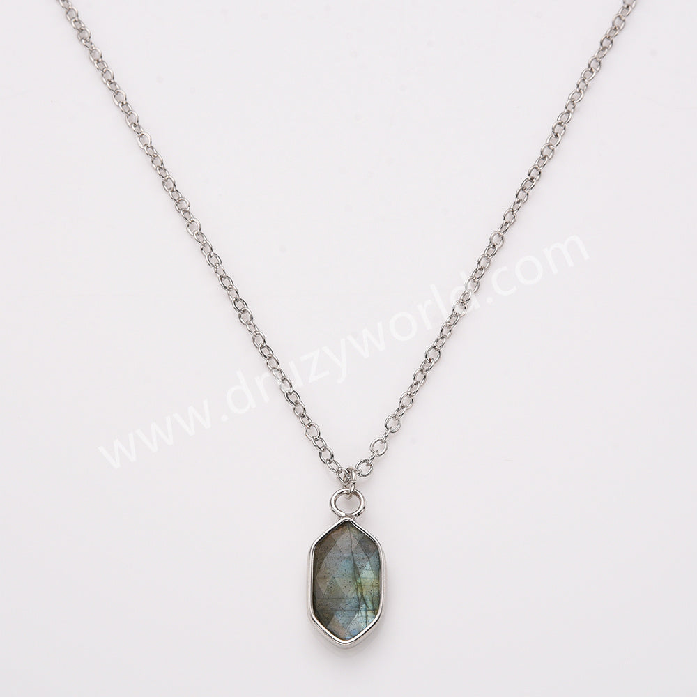 18" Long Hexagon Faceted Silver Birthstone Pendant Necklace, Copper Turquoise Moonstone Gemstone Jewelry Necklace ZS0530-5