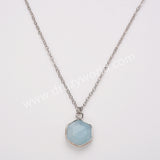 18" Silver Hexagon Birthstone Faceted Pendant Necklace, Rose Quartz Moonstone Gemstone Jewelry Necklace ZS0530-6