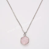 18" Silver Hexagon Birthstone Faceted Pendant Necklace, Rose Quartz Moonstone Gemstone Jewelry Necklace ZS0530-6