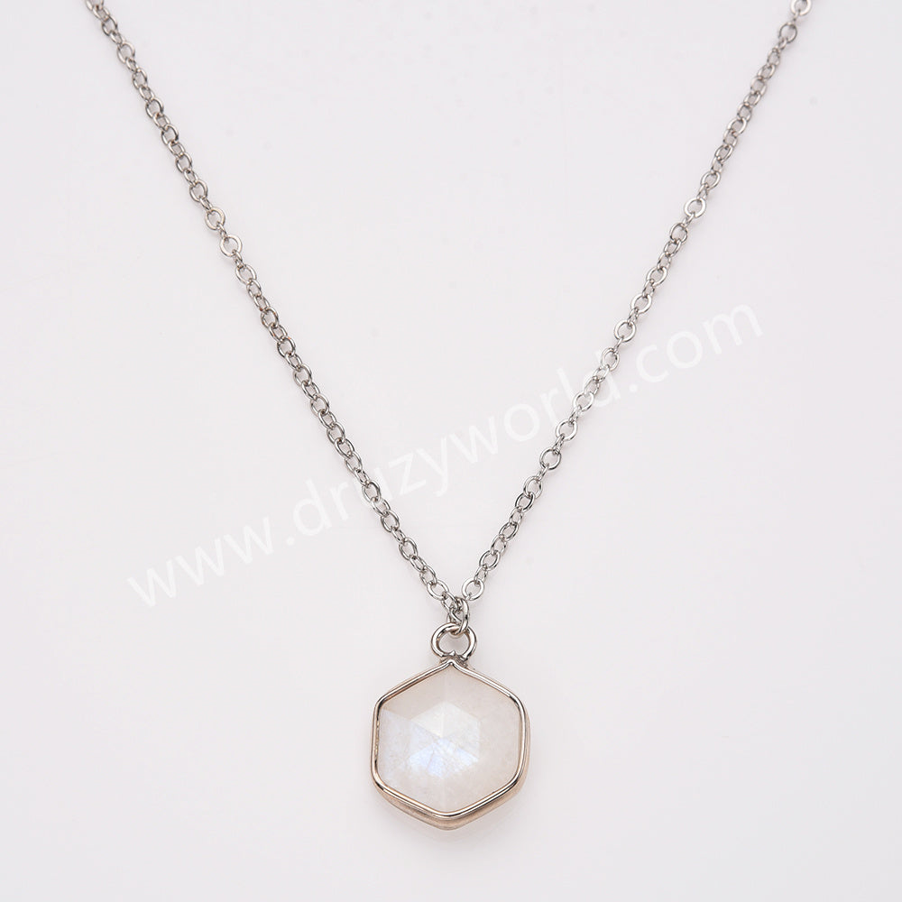 18" Silver Hexagon Birthstone Faceted Pendant Necklace, Rose Quartz Moonstone Gemstone Jewelry Necklace ZS0530-6