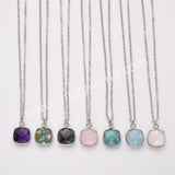 18" Silver Rainbow Square Birthstone Pendant Necklace, Faceted Amethyst Labradorite Crystal Jewelry Necklace ZS0530-7