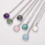 18" Silver Rainbow Square Birthstone Pendant Necklace, Faceted Amethyst Labradorite Crystal Jewelry Necklace ZS0530-7