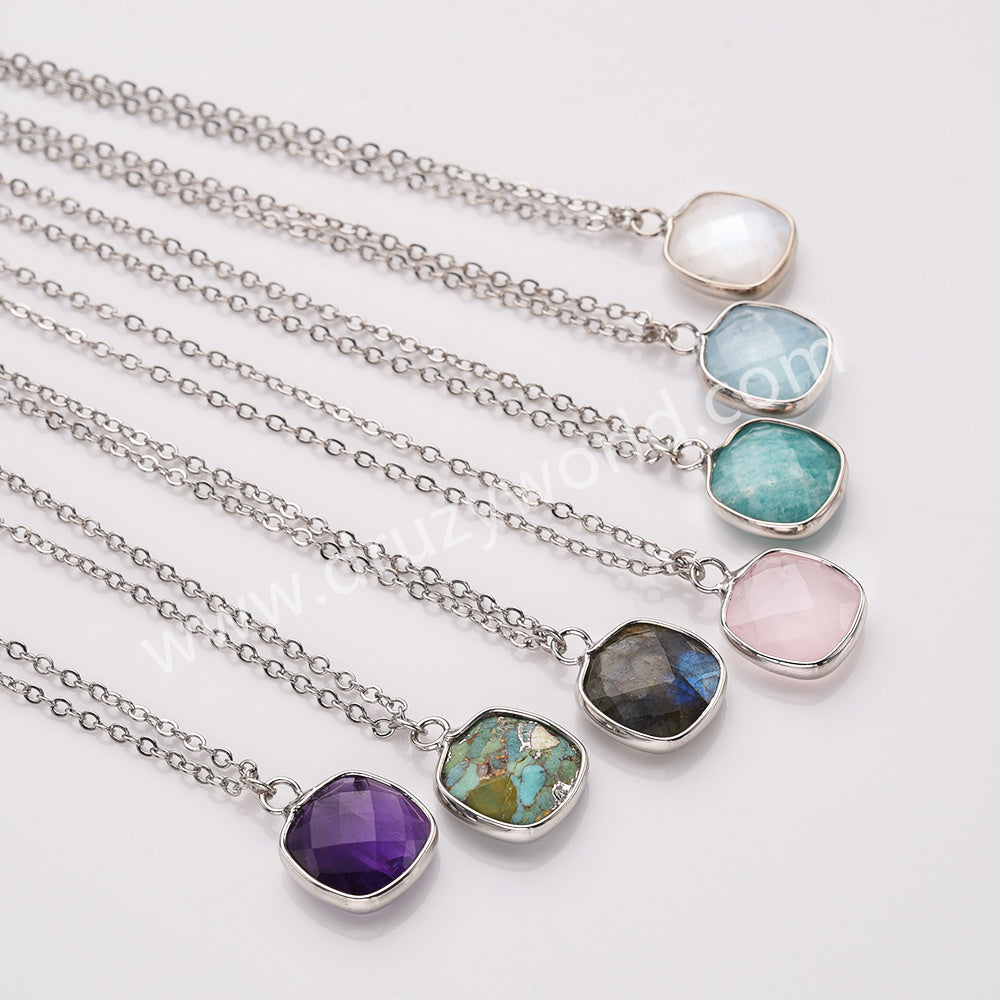 18" Silver Rainbow Square Birthstone Pendant Necklace, Faceted Amethyst Labradorite Crystal Jewelry Necklace ZS0530-7