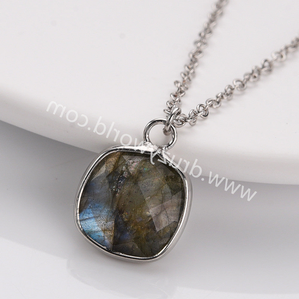 18" Silver Rainbow Square Birthstone Pendant Necklace, Faceted Amethyst Labradorite Crystal Jewelry Necklace ZS0530-7