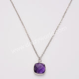 18" Silver Rainbow Square Birthstone Pendant Necklace, Faceted Amethyst Labradorite Crystal Jewelry Necklace ZS0530-7