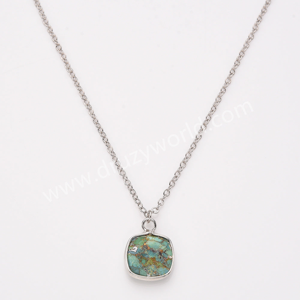 18" Silver Rainbow Square Birthstone Pendant Necklace, Faceted Amethyst Labradorite Crystal Jewelry Necklace ZS0530-7